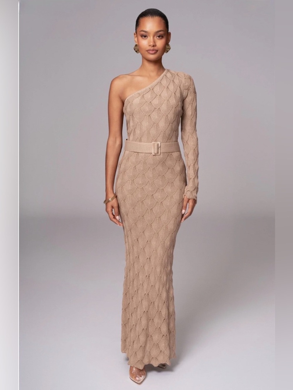 JLUXLABEL One-Shoulder Taupe Knit Belted Maxi Dress